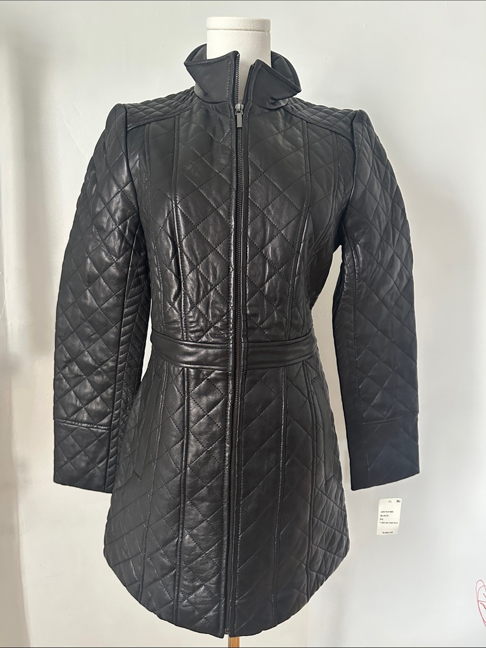 Jones New York Black Quilted Leather Coat with Stand Collar